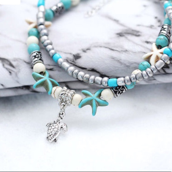 🏖 SILVER SEA TURTLE STARFISH BEAD ANKLET BRACELET - Picture 3 of 6